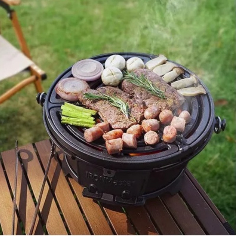 Camping Cooking Cast Iron - Griglia a carbone rotonda, barbecue in